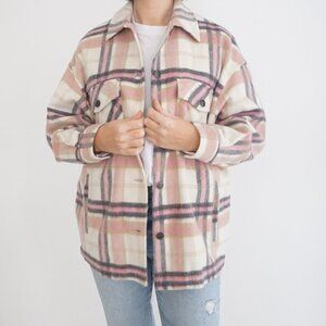 Zara Pink Cream Plaid 20% Wool Button Up Shacket Shirt S